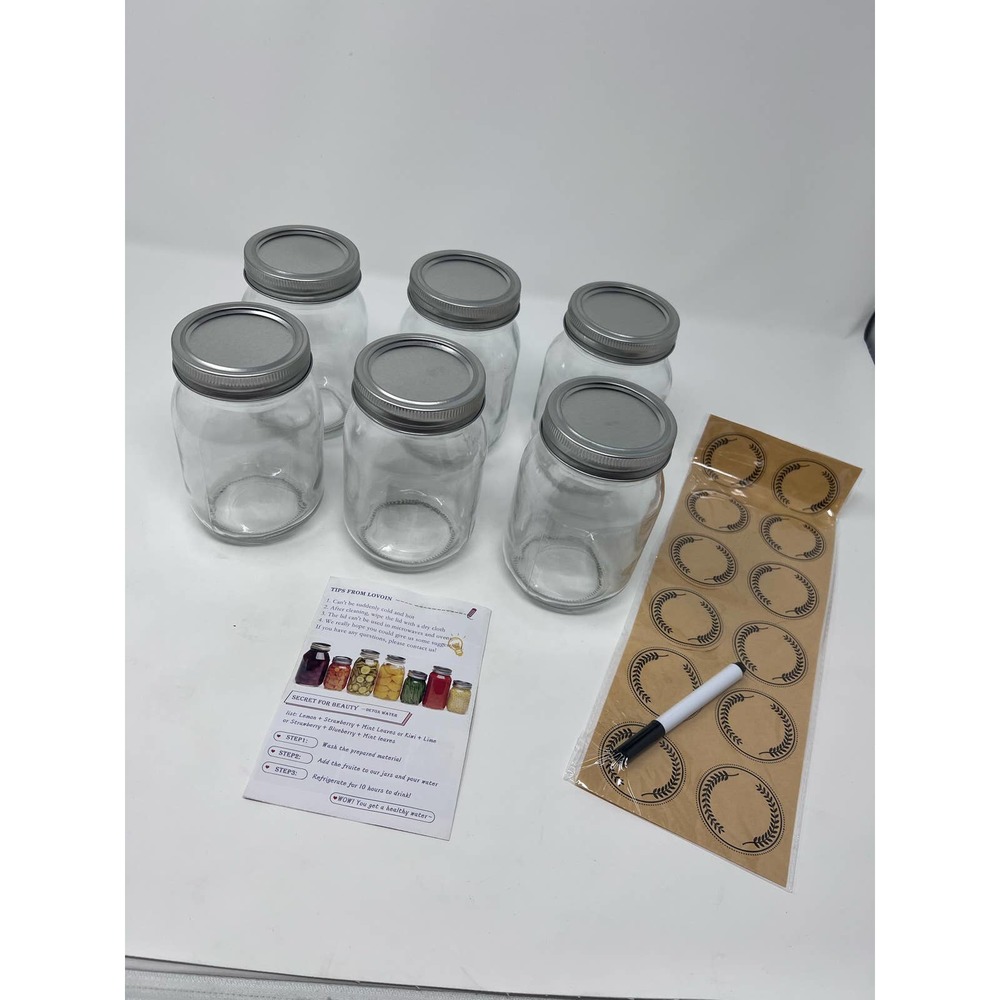 LovoIn Loving Life Six 16 oz. New Mason Jars‎ Lids Bands Labels Marker in Box